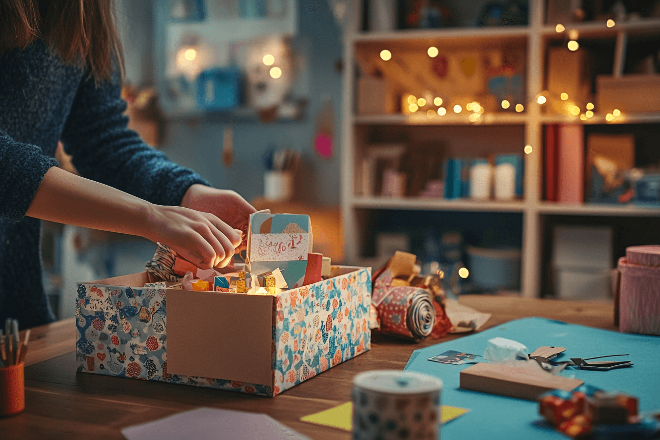 A person placing their creations inside a box