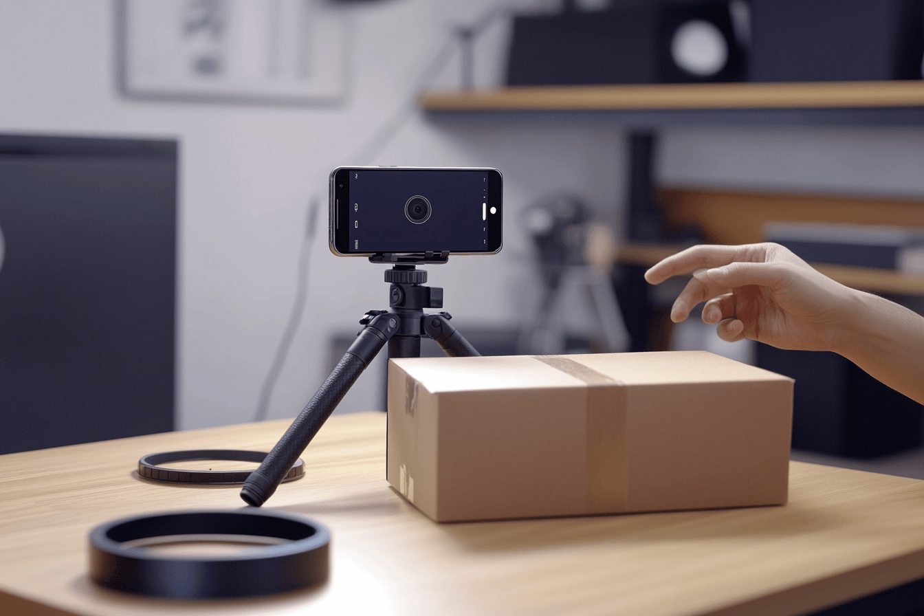 Camera filming a box.