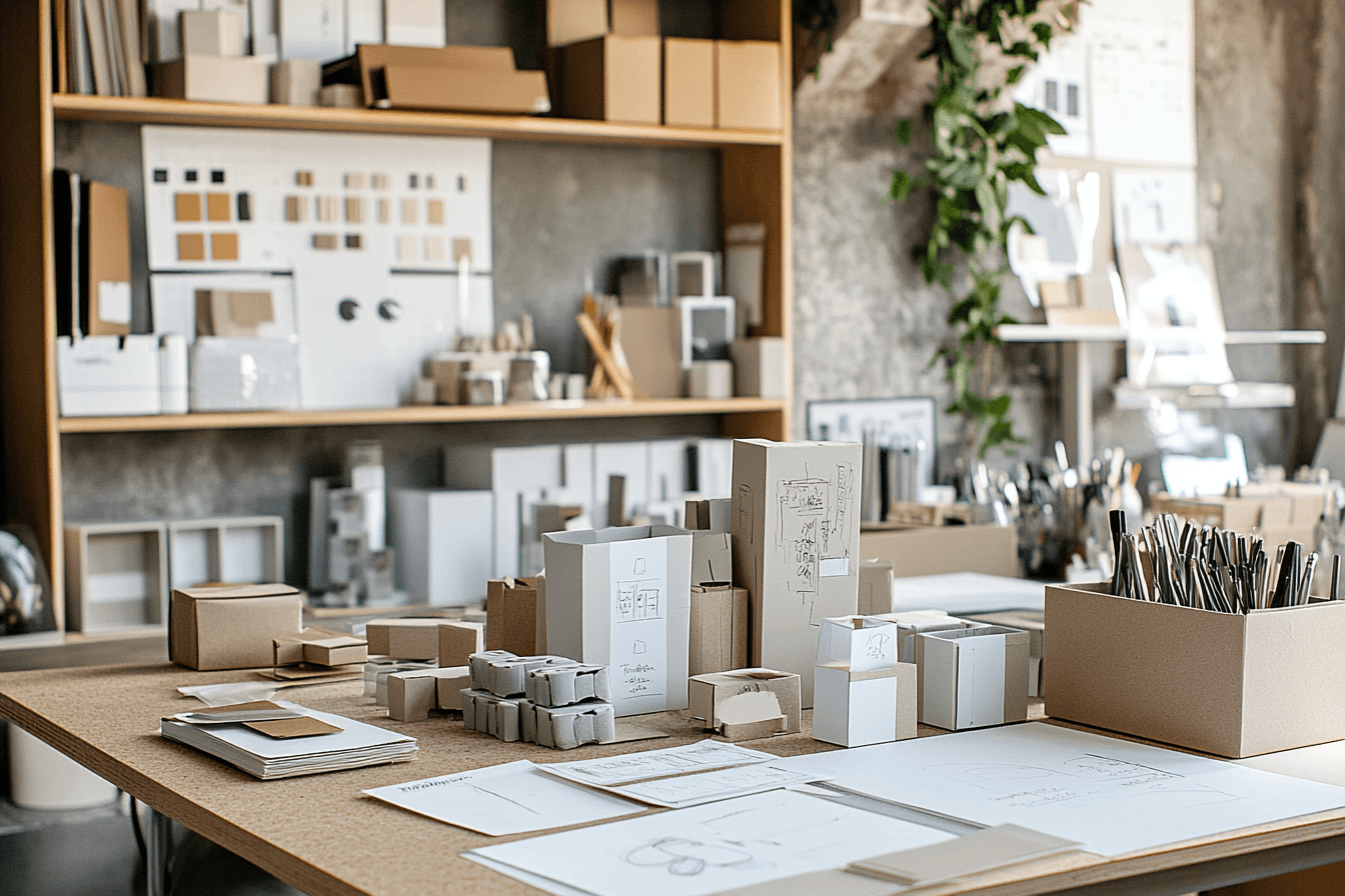 An organized workspace with white and gray packaging.