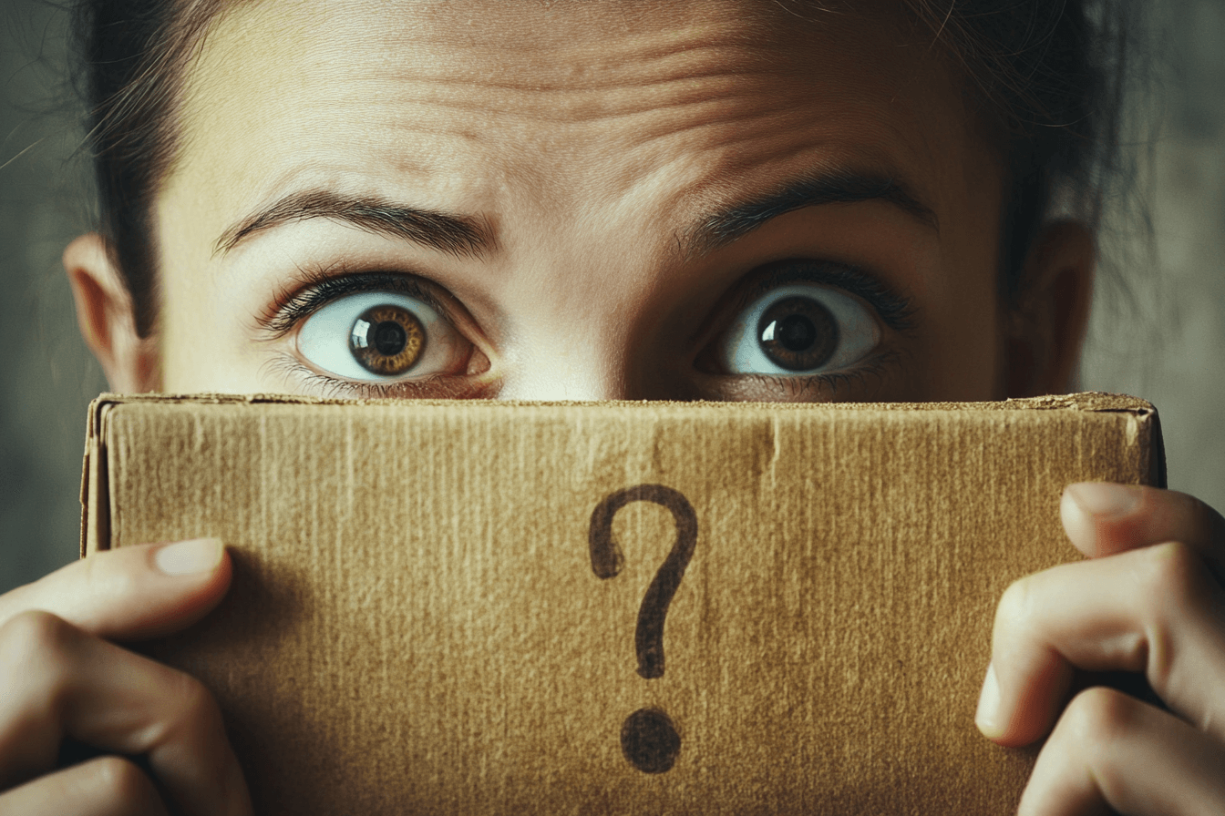 Woman with a box that has a question mark on it.