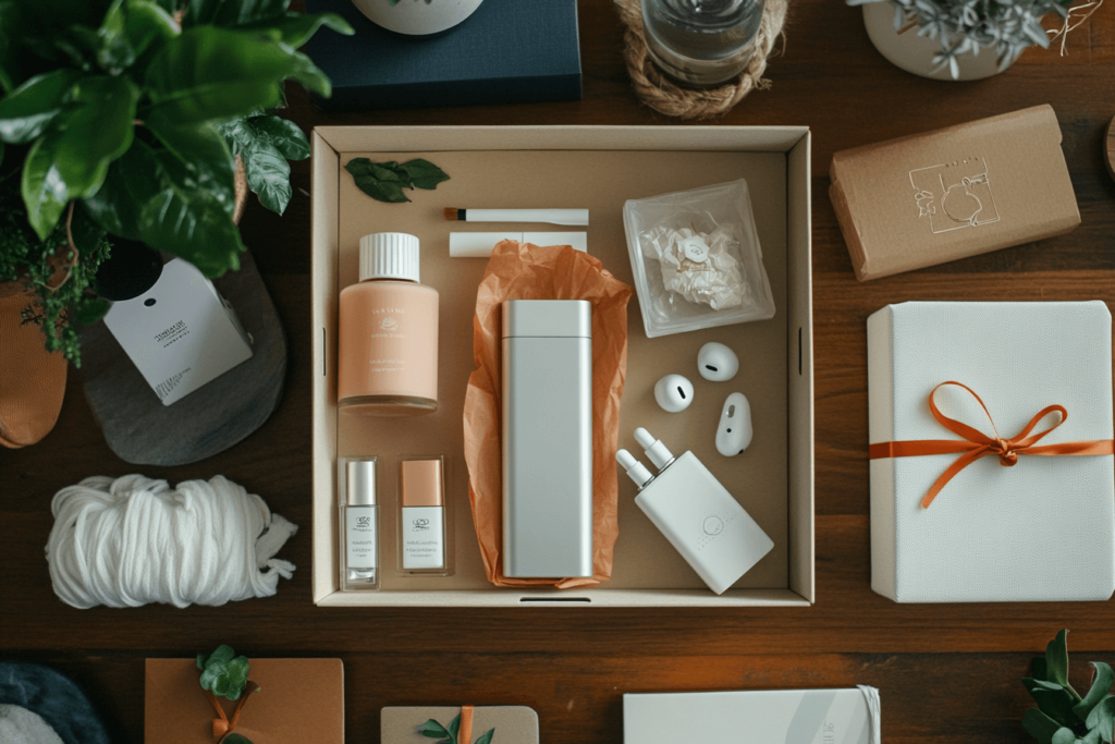 Beauty and tech products in a box