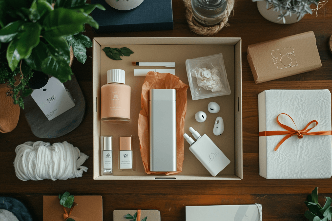 Beauty and tech products in a box