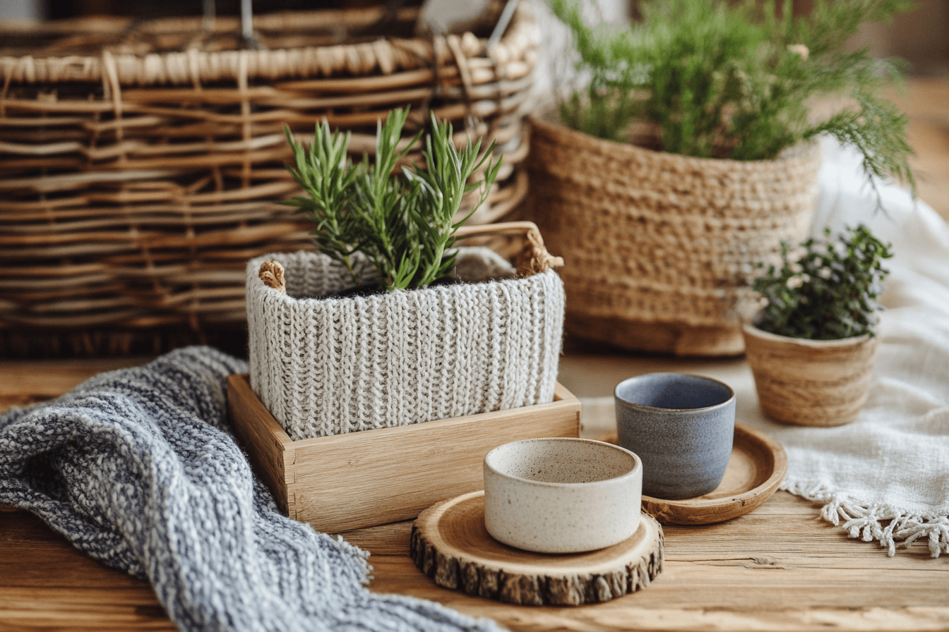 Green plant in a basket with two cups in front.