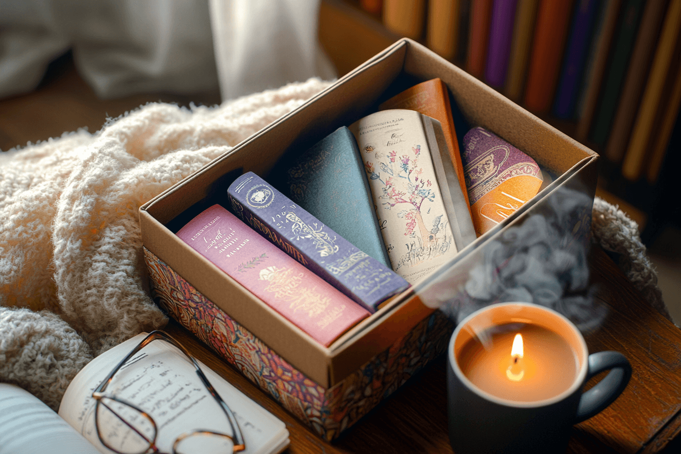 A box with books inside next to a coffee.