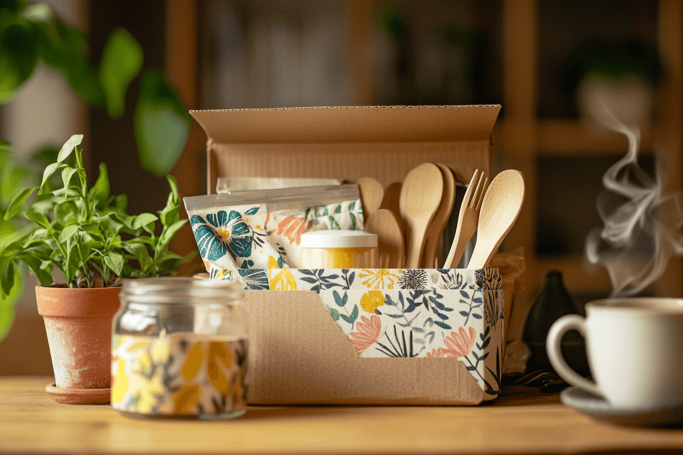 A box with cutlery and a jar inside.