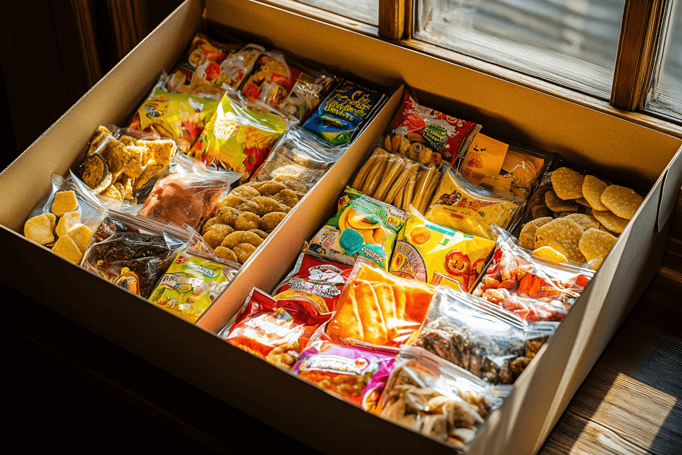 Box with savory cookies and chips inside.