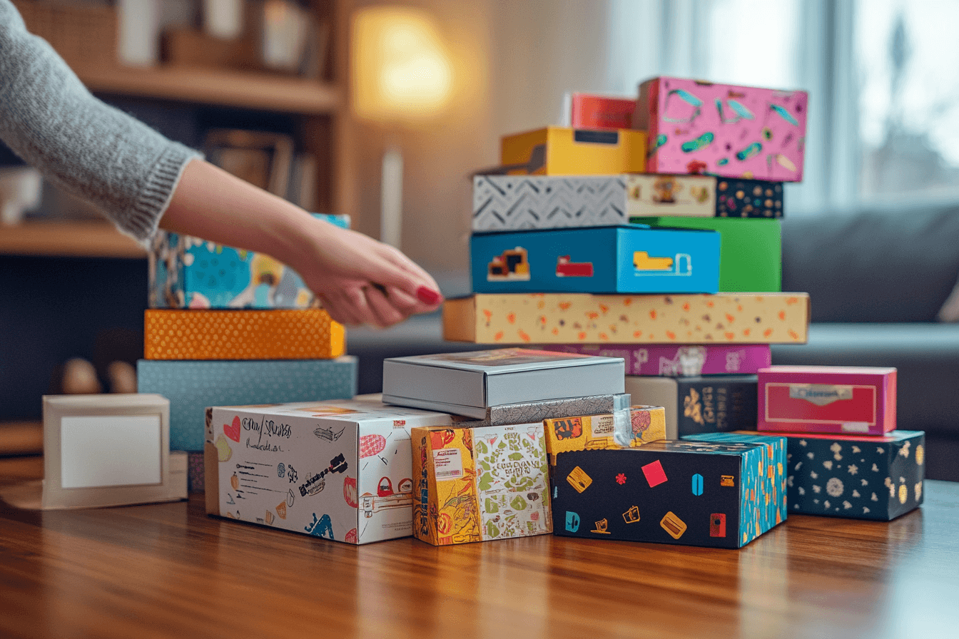 Several boxes of different colors