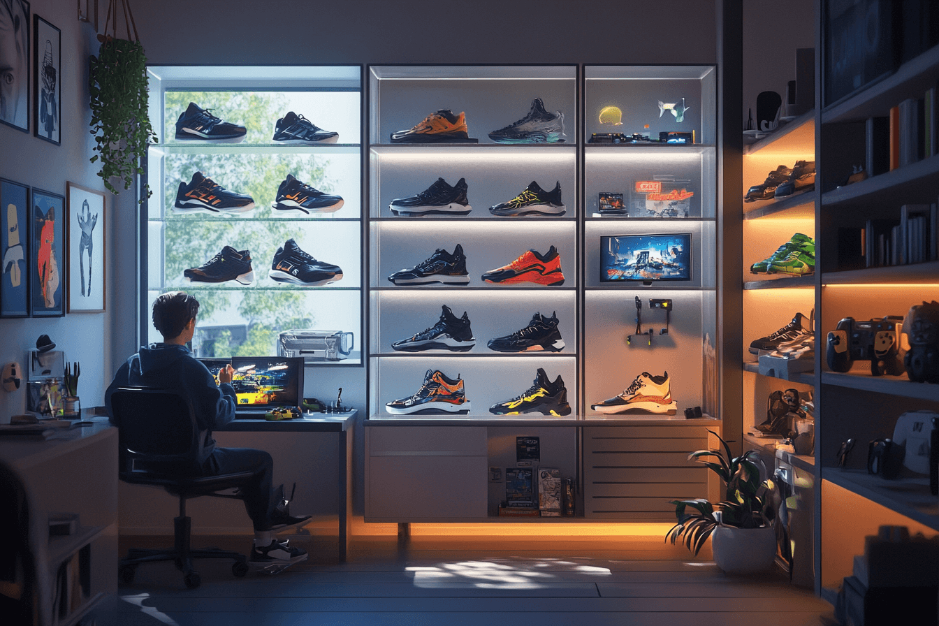 A wall-mounted display featuring a variety of Nike shoes in a retail setting.