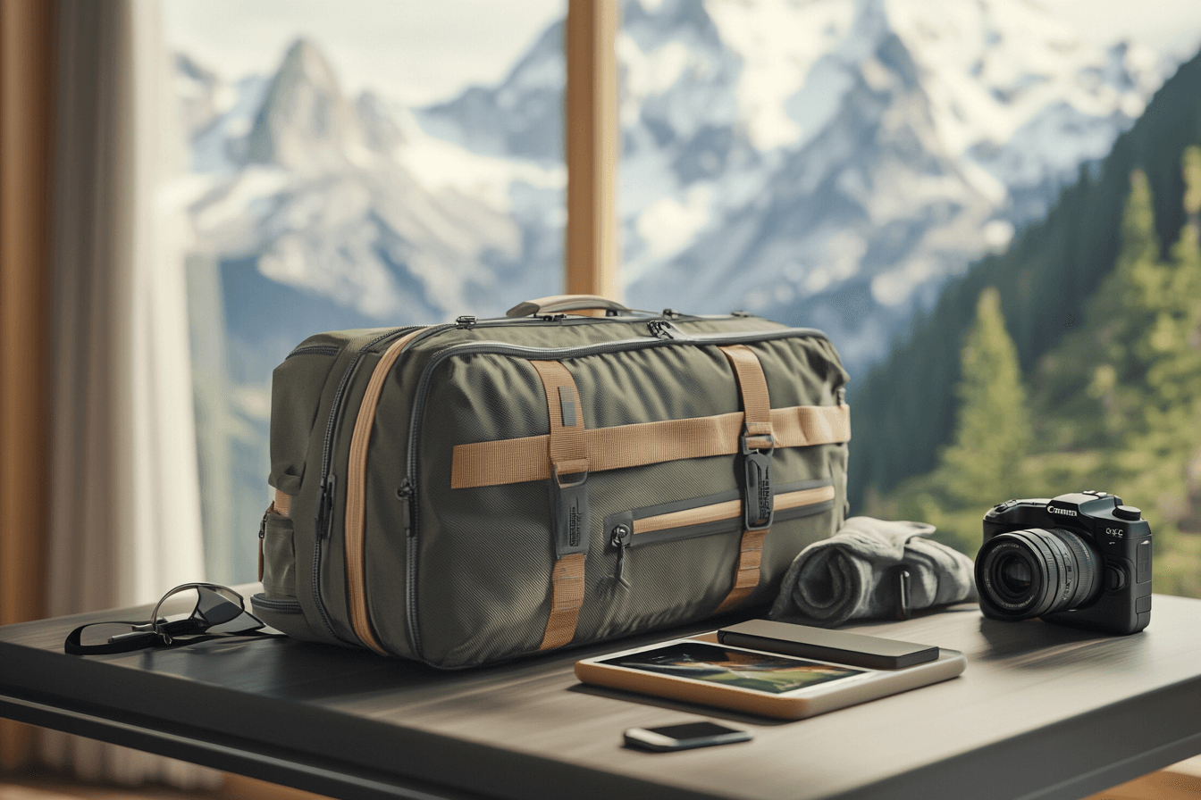 A bag on a table with a camera next to it.