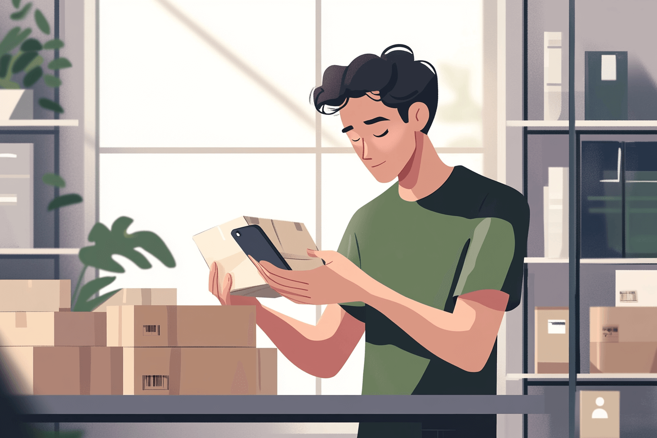 A person on their phone in front of boxes