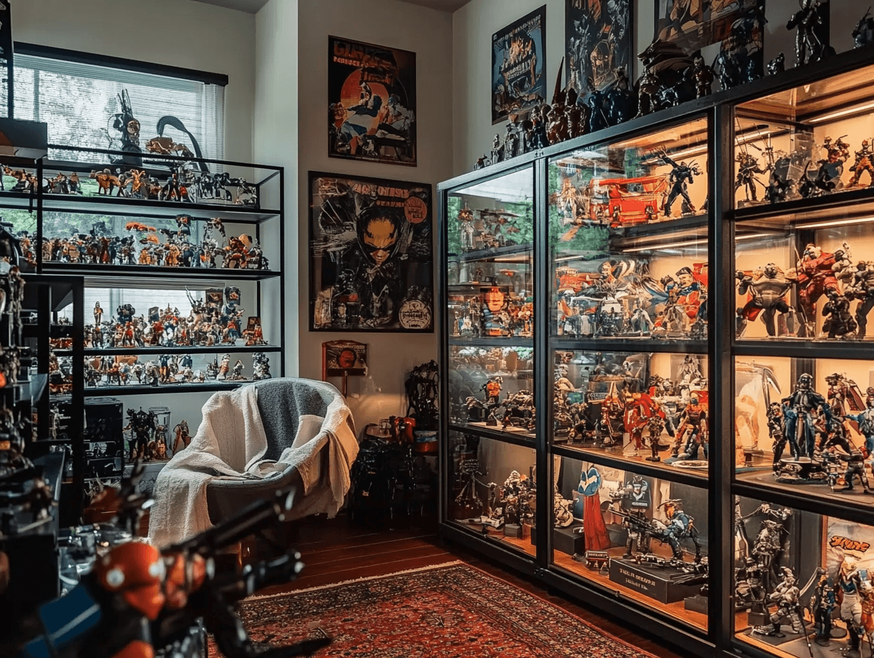 Room with figurines in display cases.