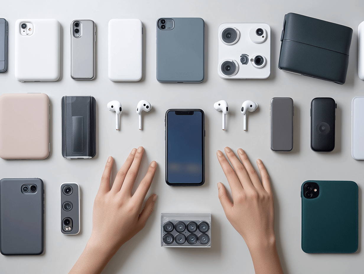Hand placed on a table filled with phones.