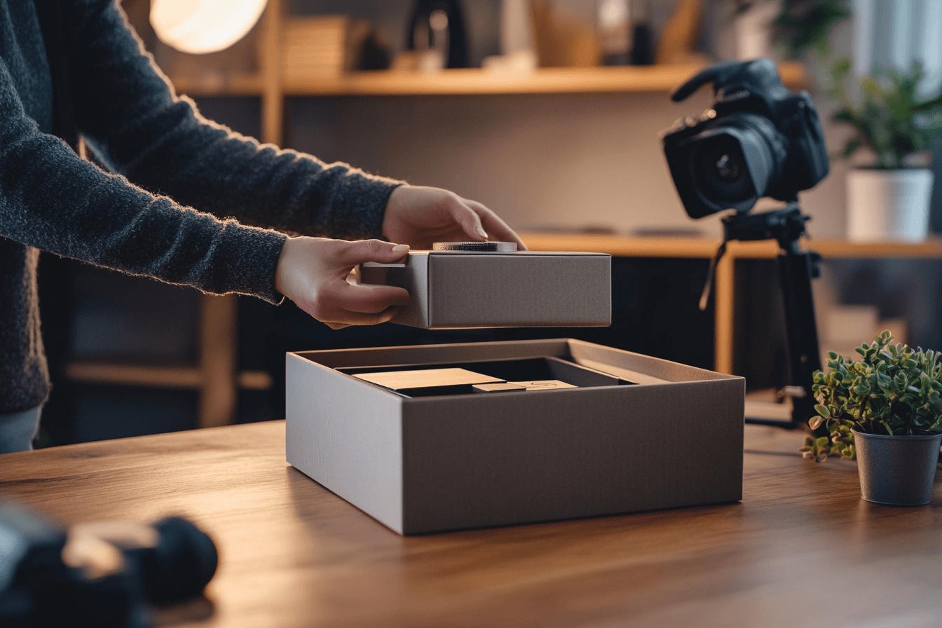 white box on a table with a camera filming