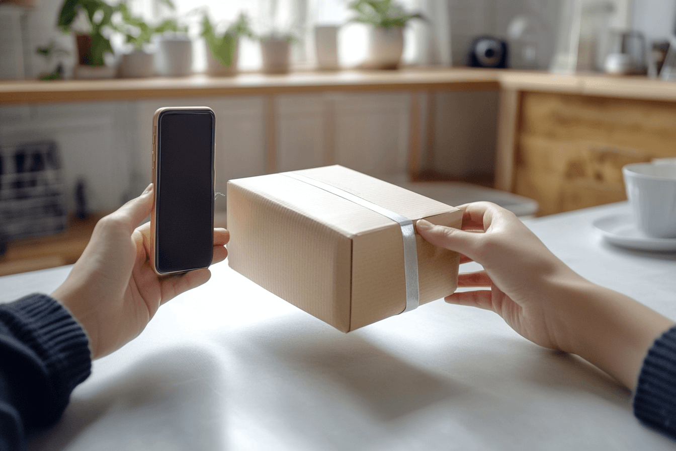 A hand with a phone and a cardboard box