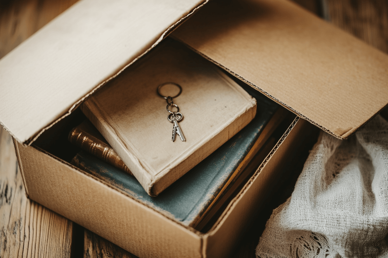 Box with books and a key on top