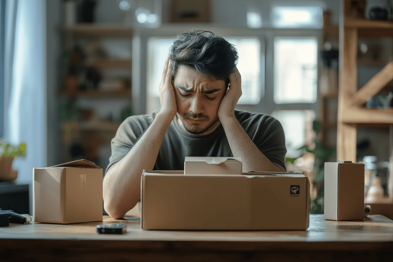 Man with a worried look in front of a package