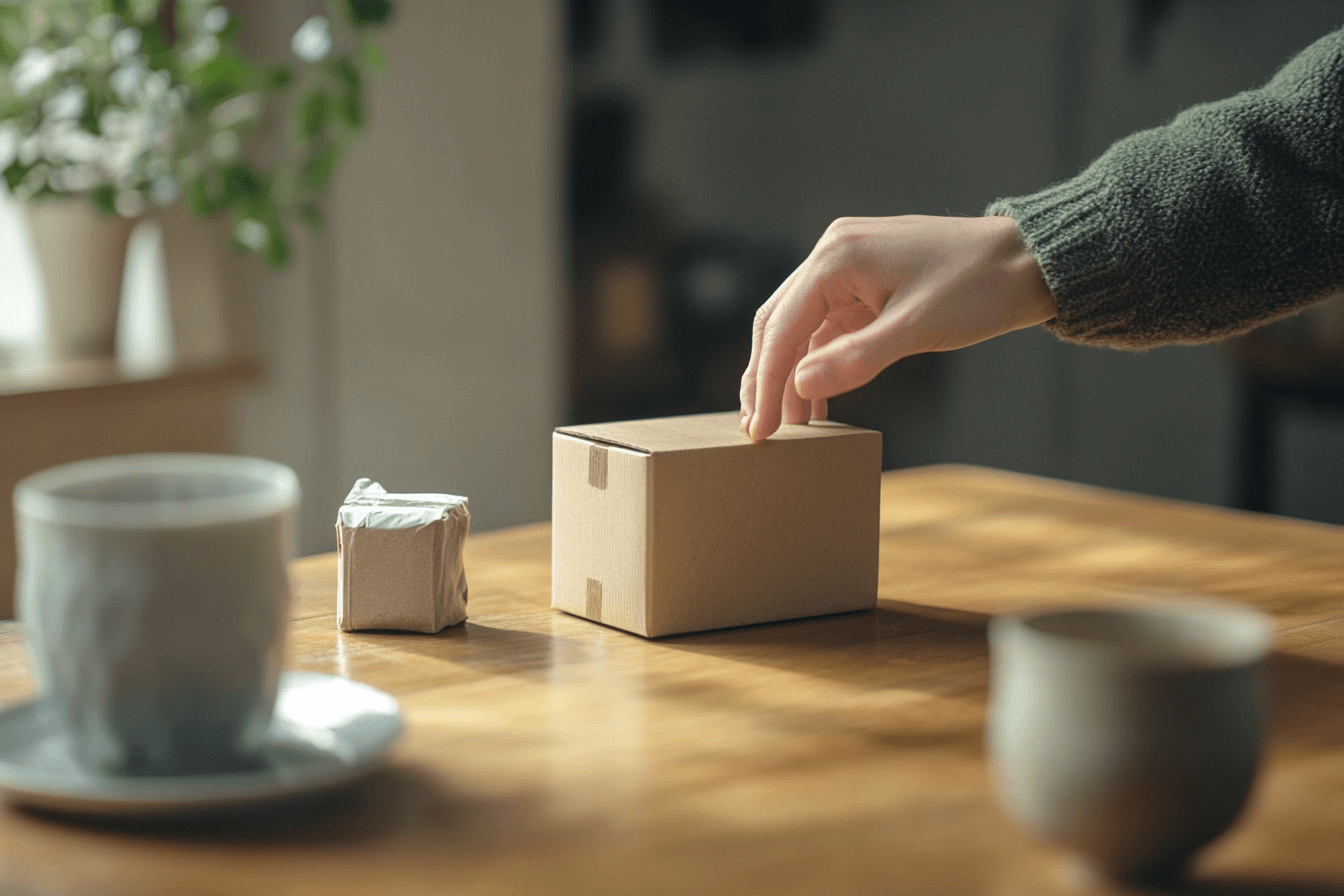 cardboard box on a desk with cups next to it
