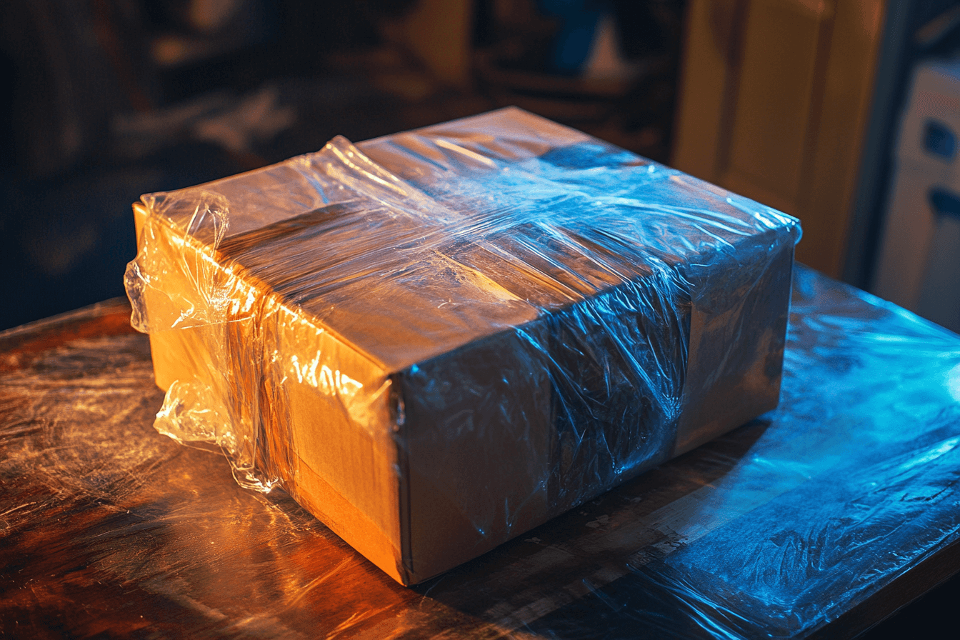 Cardboard package with plastic wrapping