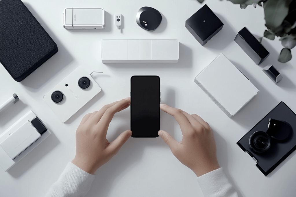 White background with technology devices