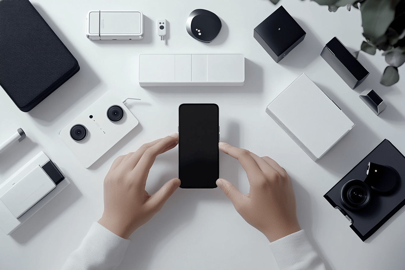 White background with technology devices
