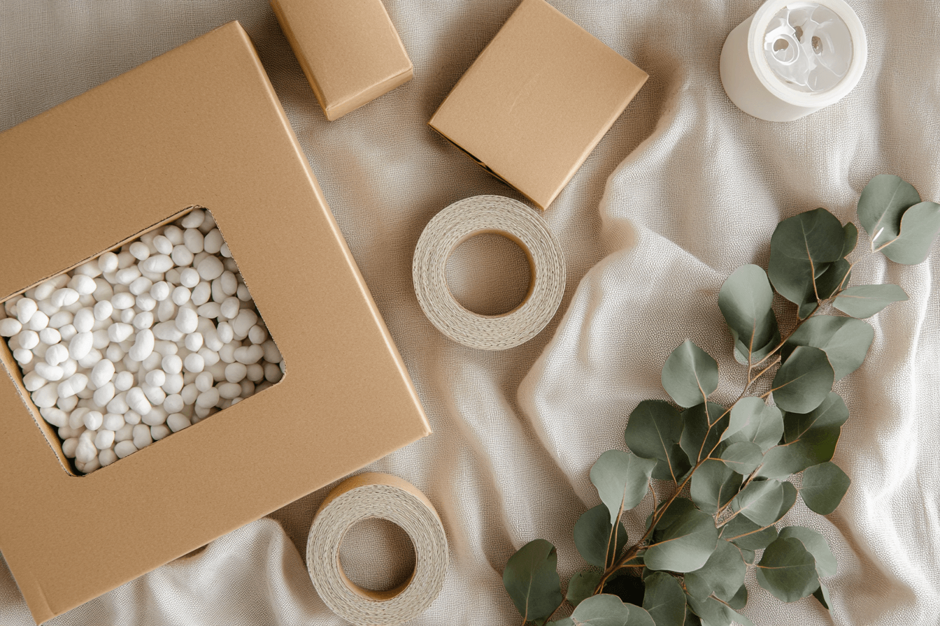 Cardboard box with white balls inside