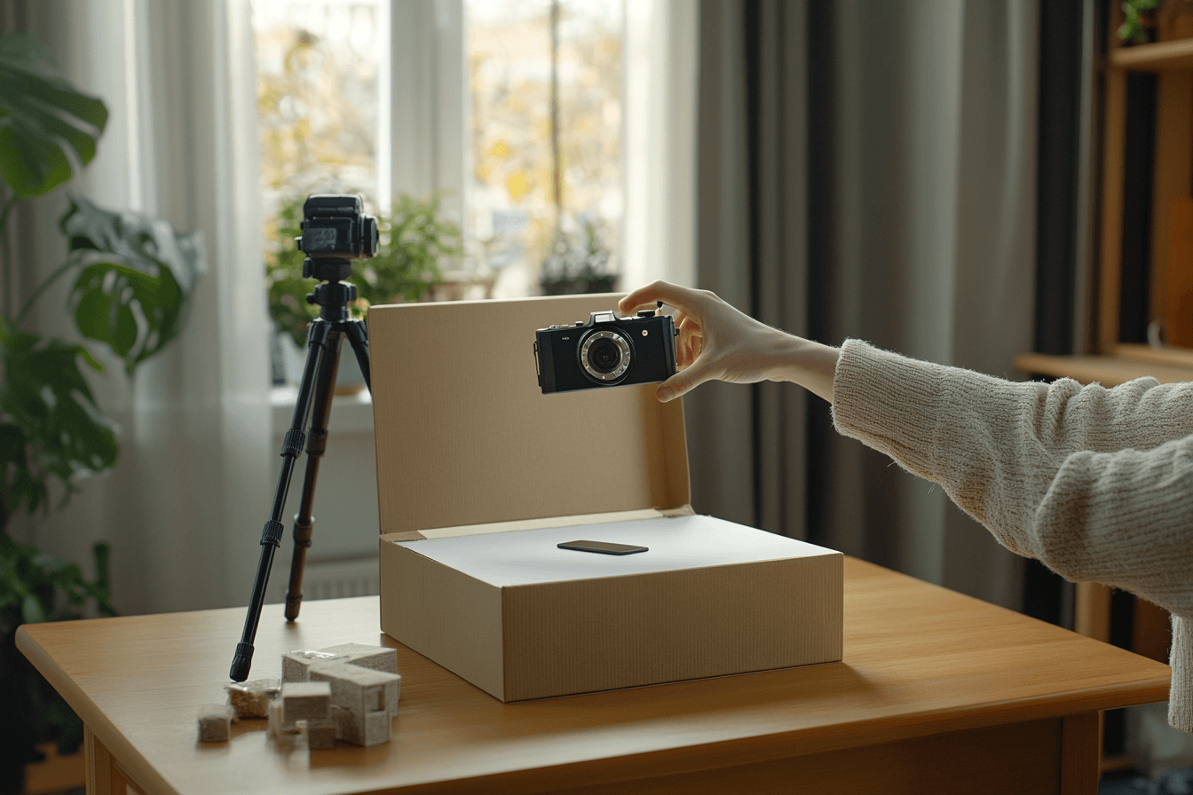 A clean and realistic unboxing setup on a wooden desk, with soft natural lighting from a window, a DSLR camera on a tripod, a ring light, a minimalist white background, and a pair of hands unboxing a smartphone box realistic photography, shallow depth of field, natural colors