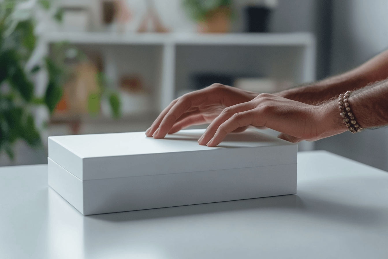 modern product box on a clean white table, soft natural lighting, minimalistic design