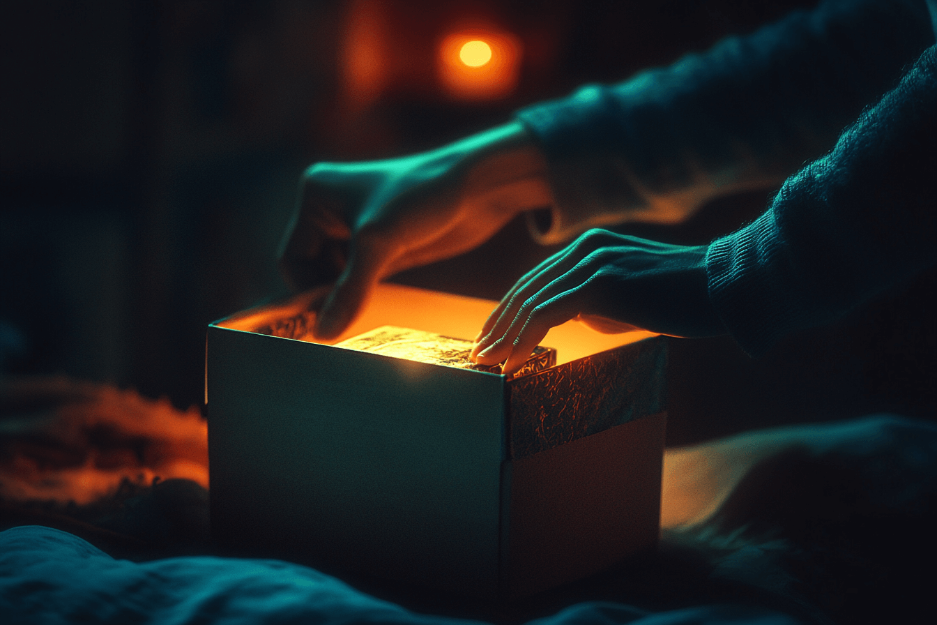 A dramatic limited-edition product unboxing scene, luxury packaging, glowing ambient light, excited hands opening a mysterious box, cinematic angle, high detail, moody background