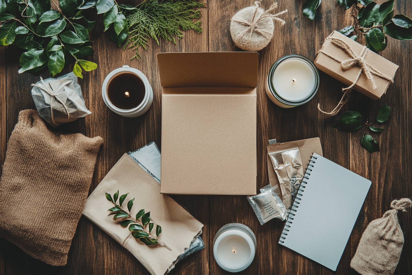 A flat lay of a subscription box being unboxed on a wooden table, with lifestyle items like a candle, notebook, coffee sachets, and minimalist packaging, soft lighting