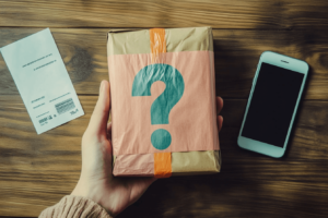 A hand holding a sealed, colorful mystery package with a big question mark on it, over a plain wooden table, smartphone and receipt nearby, realistic photo style, soft daylight, minimalistic background