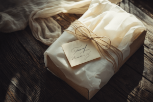 A high-end fashion accessory packaging with tissue paper and a handwritten note, placed on a wooden surface, realistic lighting, muted tones, close-up shot, elegant and simple composition