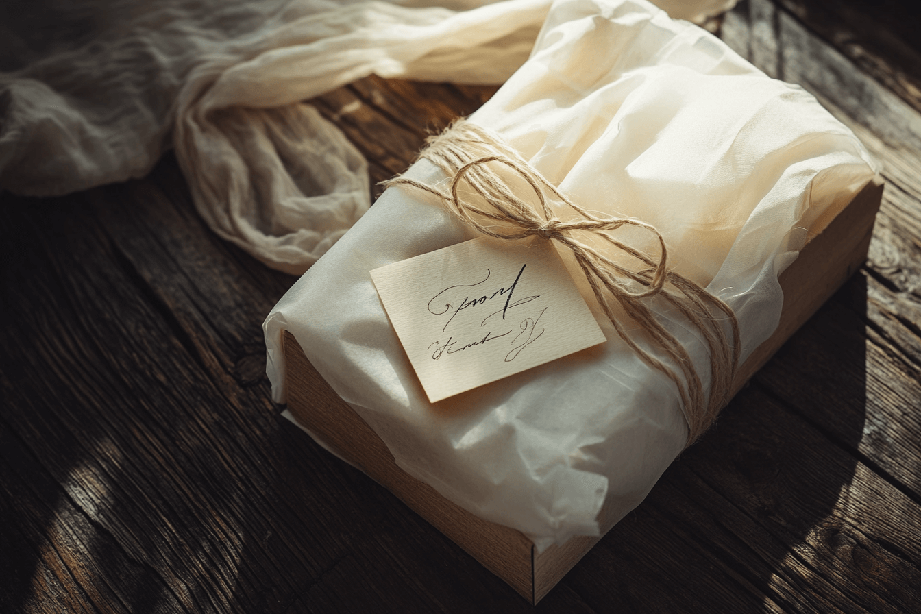 A high-end fashion accessory packaging with tissue paper and a handwritten note, placed on a wooden surface, realistic lighting, muted tones, close-up shot, elegant and simple composition
