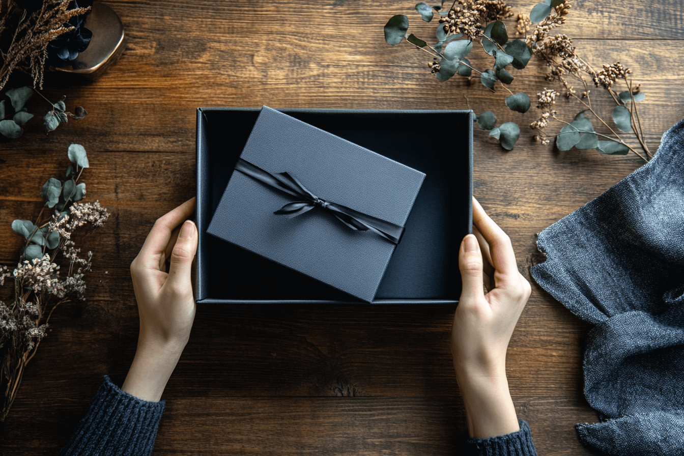 A high-end product unboxing scene on a wooden table, soft natural lighting, premium packaging with elegant textures, hands opening the box, minimalist branding, emotionally engaging atmosphere, cinematic composition