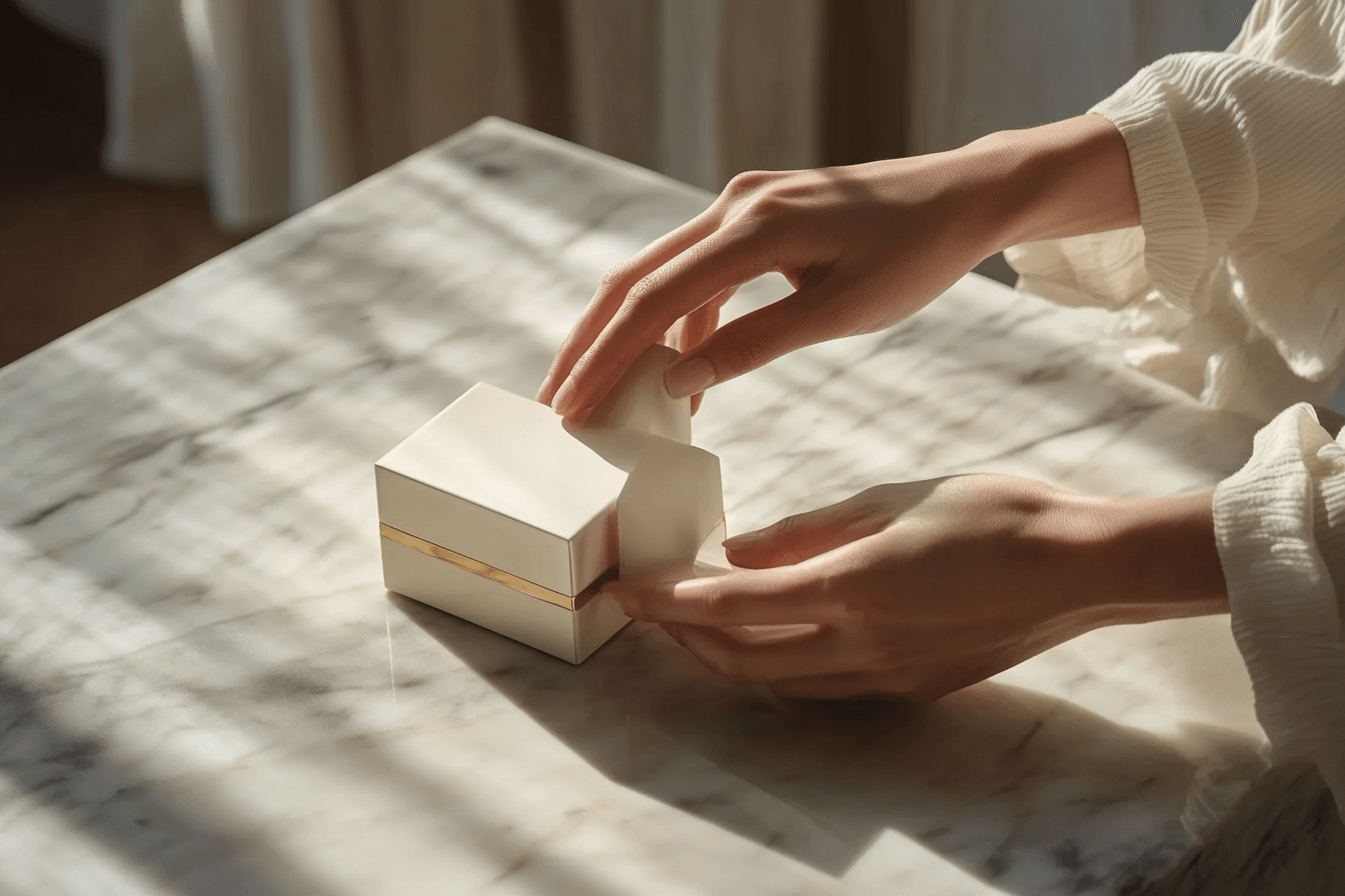 A luxury perfume box being unboxed on a marble table, natural daylight, soft shadows, minimalist design, realistic texture, white and gold color palette, hands gently opening the box, high-resolution