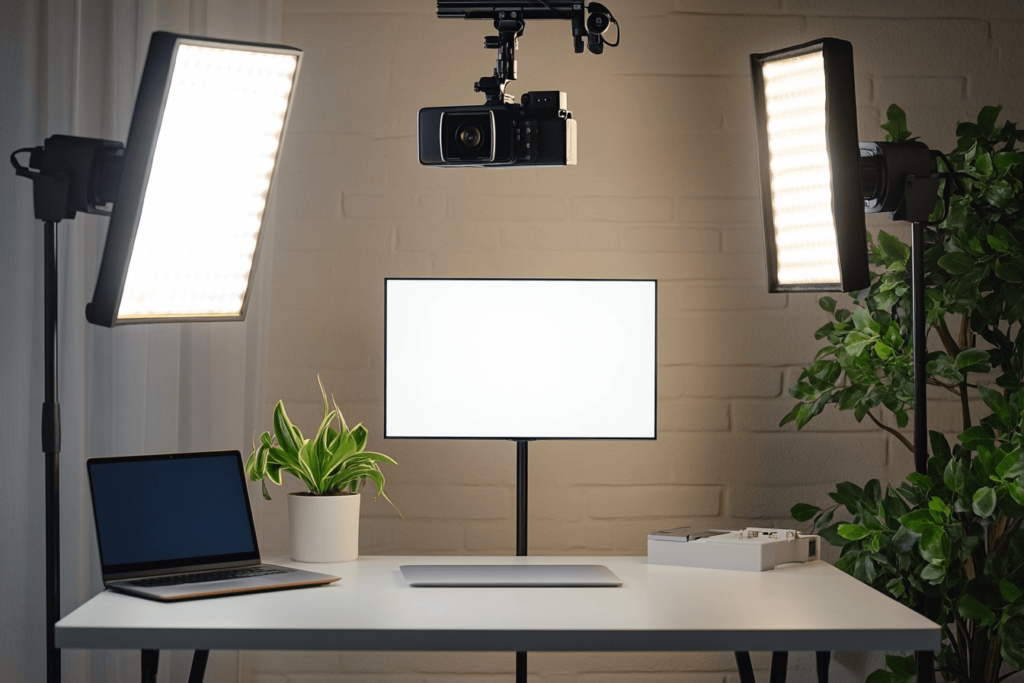 A modern influencer workspace for filming unboxing videos, with a neat white table, LED panel lights, a mounted overhead camera, a laptop nearby