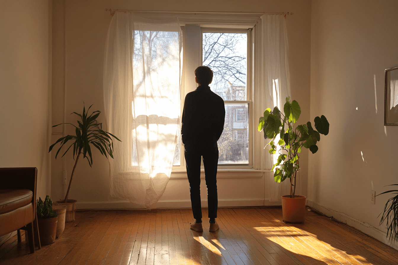 A person walking into a room and stopping suddenly in surprise, natural lighting from a window, realistic human body language, indoor setting with minimal furniture, soft shadows, candid moment