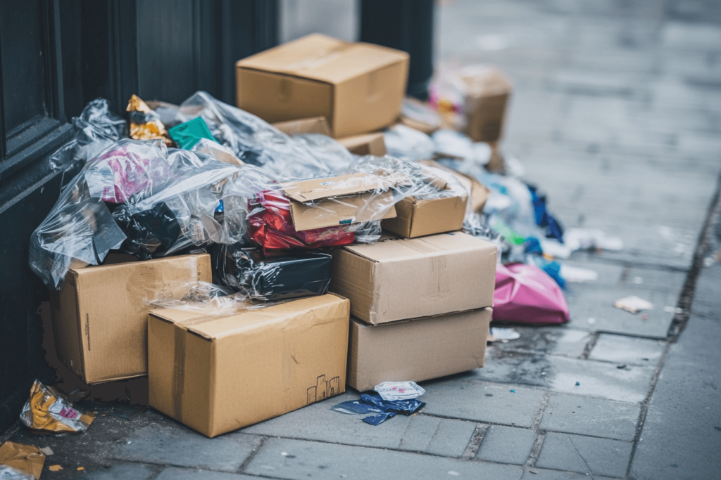 A pile of discarded luxury packaging, including cardboard boxes, ribbons, and plastic wrap, placed on a sidewalk, overcast natural light, realistic photography style, slightly messy but clean composition, environmental focus