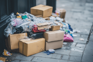 A pile of discarded luxury packaging, including cardboard boxes, ribbons, and plastic wrap, placed on a sidewalk, overcast natural light, realistic photography style, slightly messy but clean composition, environmental focus