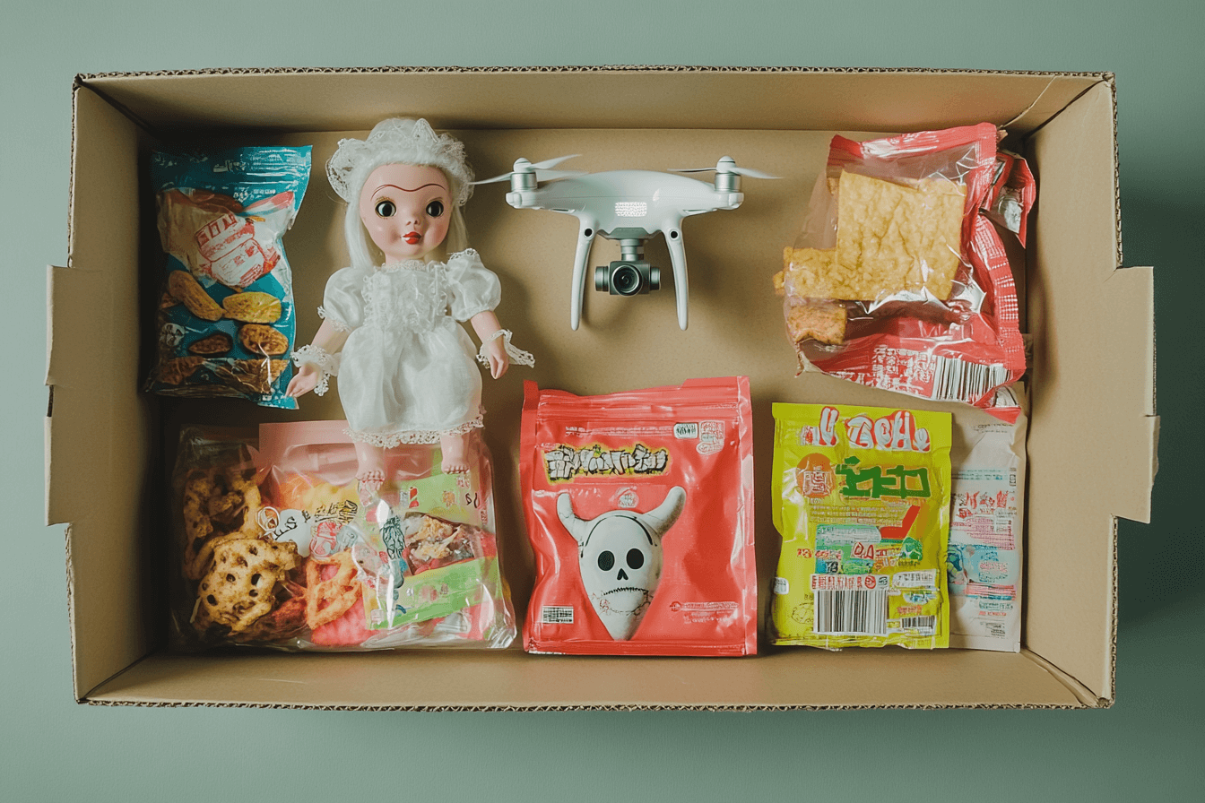 A cardboard box with a doll inside, and some things to eat