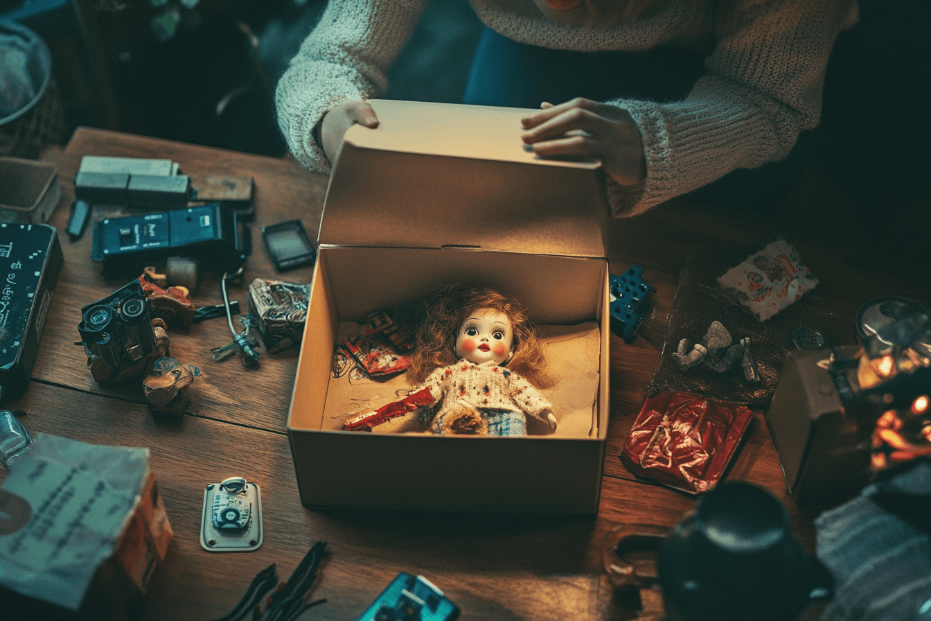 Dark atmosphere, with a cardboard box containing a doll and a messy desk around it.