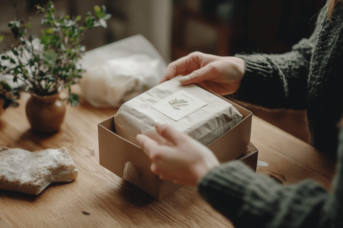 Sustainable package made of recycled materials, natural fibers visible, soft dayligh