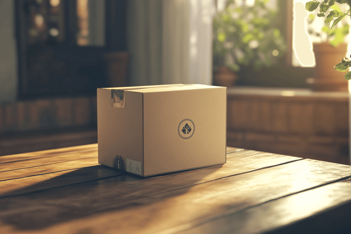 packaged subscription box being opened on a wooden surface, with a visible branded logo on the box, soft shadows,