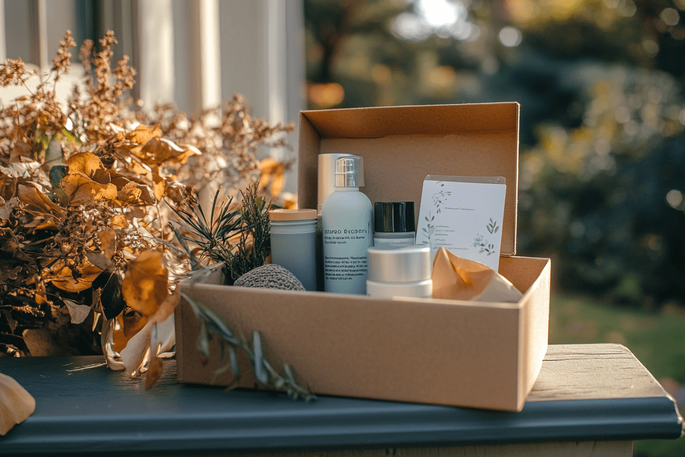 A subscription box on a doorstep, opened to reveal skincare products, small accessories, and a thank-you note, natural daylight, cozy suburban home background