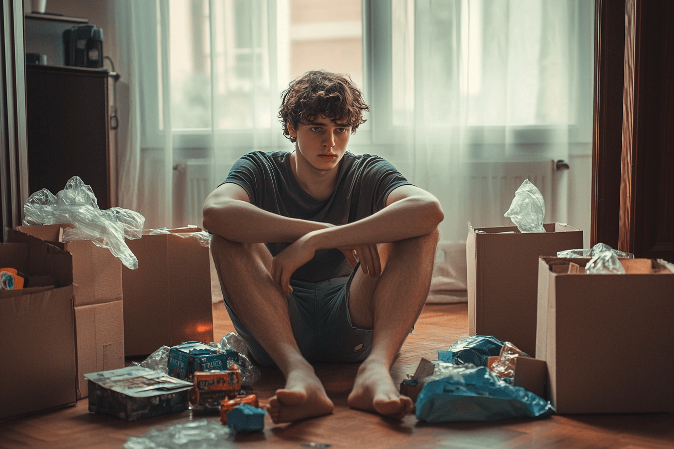 A young adult sitting on the floor surrounded by opened mystery boxes, looking disappointed, cheap plastic items scattered around, natural indoor lighting, realistic style, muted colors