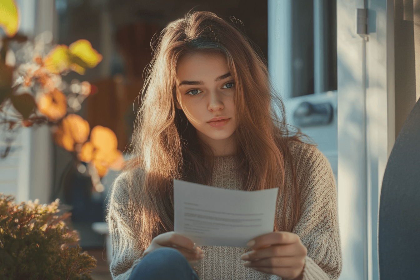 A young woman receives an unexpected letter in the mail, sitting on a doorstep, natural morning light, realistic expression of gentle surprise, simple suburban background, soft colors, calm atmosphere