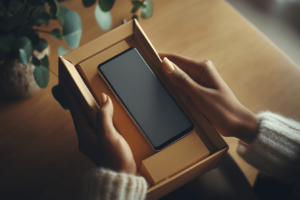 Close-up of hands unboxing a smartphone, with the fake version showing poor packaging and faded branding, realistic lighting, neutral indoor background, focus on box details, authentic vs counterfeit concept