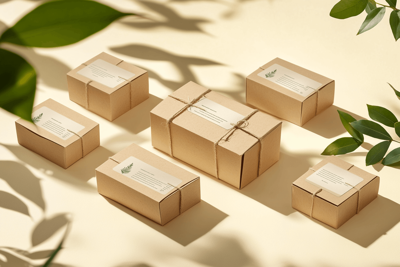 Eco-friendly custom packaging design concept, recyclable kraft paper box with personalized label and natural twine, surrounded by leaves and minimalist brand elements, soft shadows, clean background, modern eco aesthetic, studio lighting