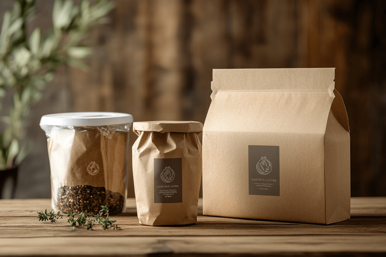 Eco-friendly packaging on a wooden table, made of recycled cardboard, kraft paper, and biodegradable materials, minimal design, warm natural lighting, realistic textures, modern sustainable branding visible