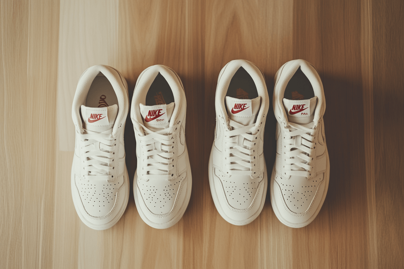 Side-by-side comparison of two pairs of sneakers on a table, one real and one fake, with subtle differences in logo, stitching, and material, natural lighting, realistic style, no text, clean background, top-down view