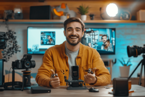 Social media influencer unboxing a rare collectible item on a stylish desk, smartphone recording, expressive face, hype atmosphere, digital